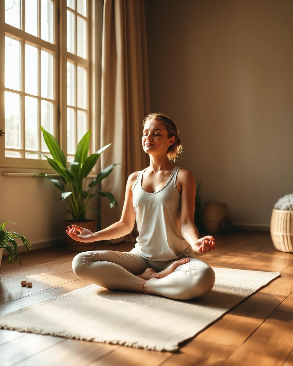 Aanya meditating in a sunlit room